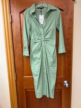 Zara Sage Green Button-Front Ruched Midi Dress